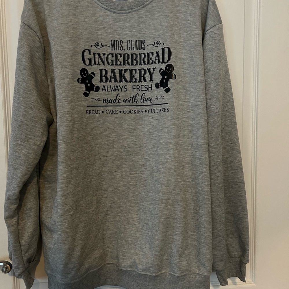 Gray Crewneck Sweater with Gingerbread Bakery Graphic